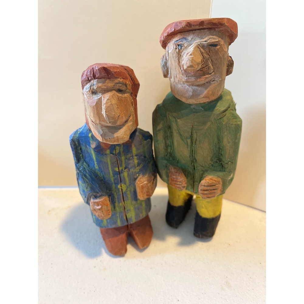 Vintage Hand Carved Wood Folk Art Couple Figurines Signed KL Scandinavian Style